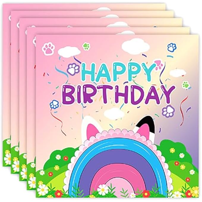 PACK OF 20 CARTOON CAT NAPKINS BIRTHDAY, 33 X 33 CM, HAPPY BIRTHDAY NAPKINS, RAINBOW, NAPKINS BIRTHDAY GIRL BOY, FOR BABY SHOWER DECORATION PAPER NAPKINS, CHILDREN'S BIRTHDAY DECORATION - Image 1